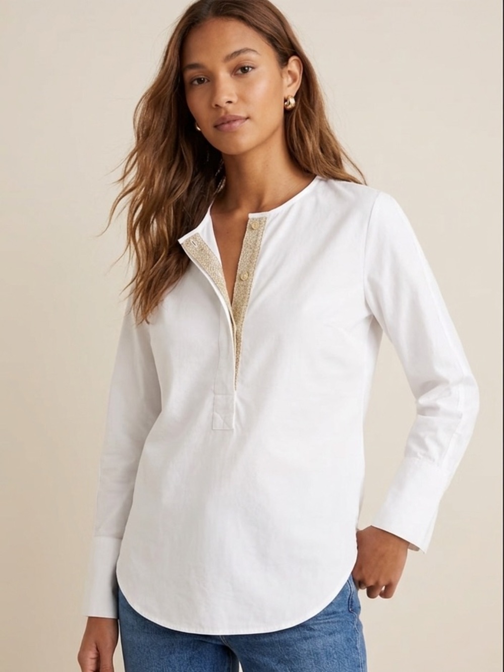 J Crew Cotton Mixed Media White Tunic Shirt With Gold Neck Trim Size Small